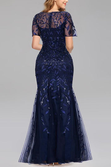 Robe Sirène à Manches Courtes Bleu Marine